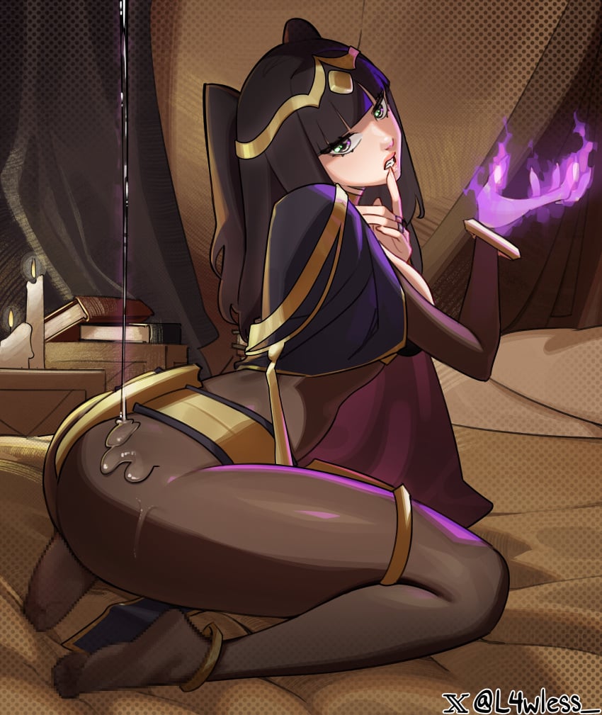 1girls absurdres anklet artist_name ass bed_sheet bedroom bedroom_eyes big_ass black_cape black_hair blunt_bangs bodystocking bracelet breasts bridal_gauntlets brown_pantyhose candle cape censored censored_feet circlet dripping feet female female_only finger_to_mouth fire fire_emblem fire_emblem_awakening full_body glowing gold_trim goth grey_eyes hands_up highres indoors jewelry kneeling l4wless legs liquid long_hair looking_at_viewer lotion magic medium_breasts nintendo no_shoes oiled on_bed pantyhose pyrokinesis shadow soles solo suggestive teeth tharja_(fire_emblem) thighlet thighs tiara toes twitter_username two-tone_cape two_side_up