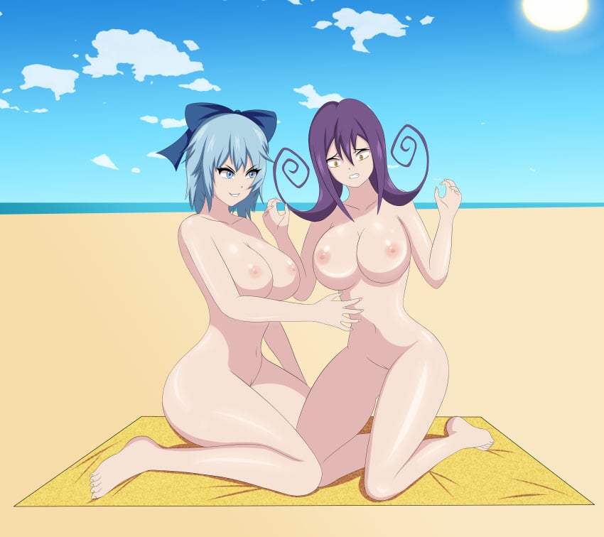 2girls anoneysnufftan applying_sunscreen beach beach_towel blair_(soul_eater) blue_eyes blue_hair breasts cirno edasbild embarrassed embarrassed_nude_female female female_only hairbow humiliation imminent_death killer_lotion massage murder nipples nude ocean peril punishment purple_hair pussy rubbing sand seaside shiny_skin sky snuff soul_eater summer sunbathing touhou towel yellow_eyes