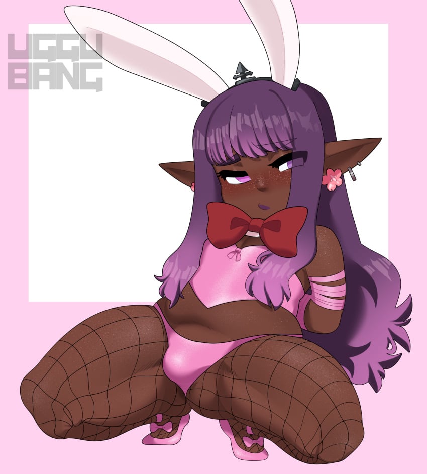 1boy big_ass bow bowtie bulge bunny_ears bunnysuit dark-skinned_femboy easter elf elf_ears elf_male fake_animal_ears femboy fishnet_legwear fishnets heterochromia isaac_(uggu_bang) lalafell male_only pink_eyes pink_panties pink_ribbon pink_shirt pointy_ears pudgy_belly purple_eyes purple_hair purple_lipstick red_bow red_bowtie shortstack sissy small_penis small_penis_femboy tied_arms uggu_bang wide_hips