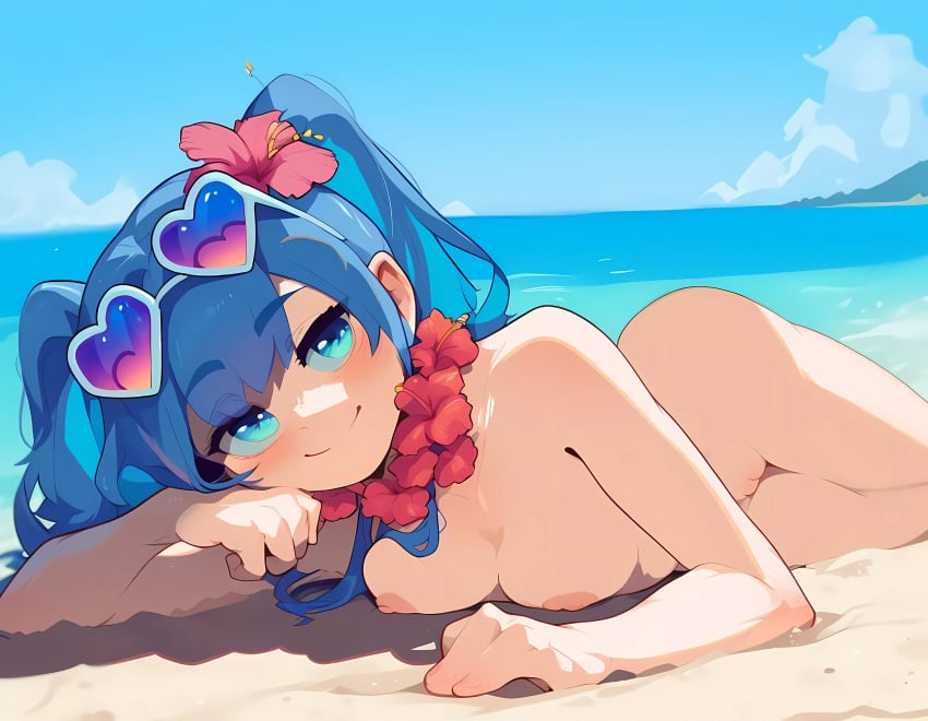 1girls ai_generated beach blue_eyes blue_hair breasts chi_chi_(soul_knight) cleavage cyan_eyes dark_blue_hair female flower flower_in_hair flowers heart_sunglasses hibiscus lei lying_on_side medium_breasts miner_(soul_knight) naked nipples nude pussy sand sea seaside short_hair smile soul_knight sunglasses sunglasses_on_head twintails water