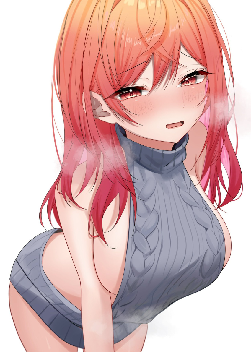 1girls blush breasts embarrassed female female_only heavy_breathing hololive hololive_dev_is hololive_japan hololive_regloss ichijou_ririka light-skinned_female light_skin meme_attire nose_blush orange_eyes orange_hair shina_eno sideboob solo sweater virgin_killer_sweater virtual_youtuber