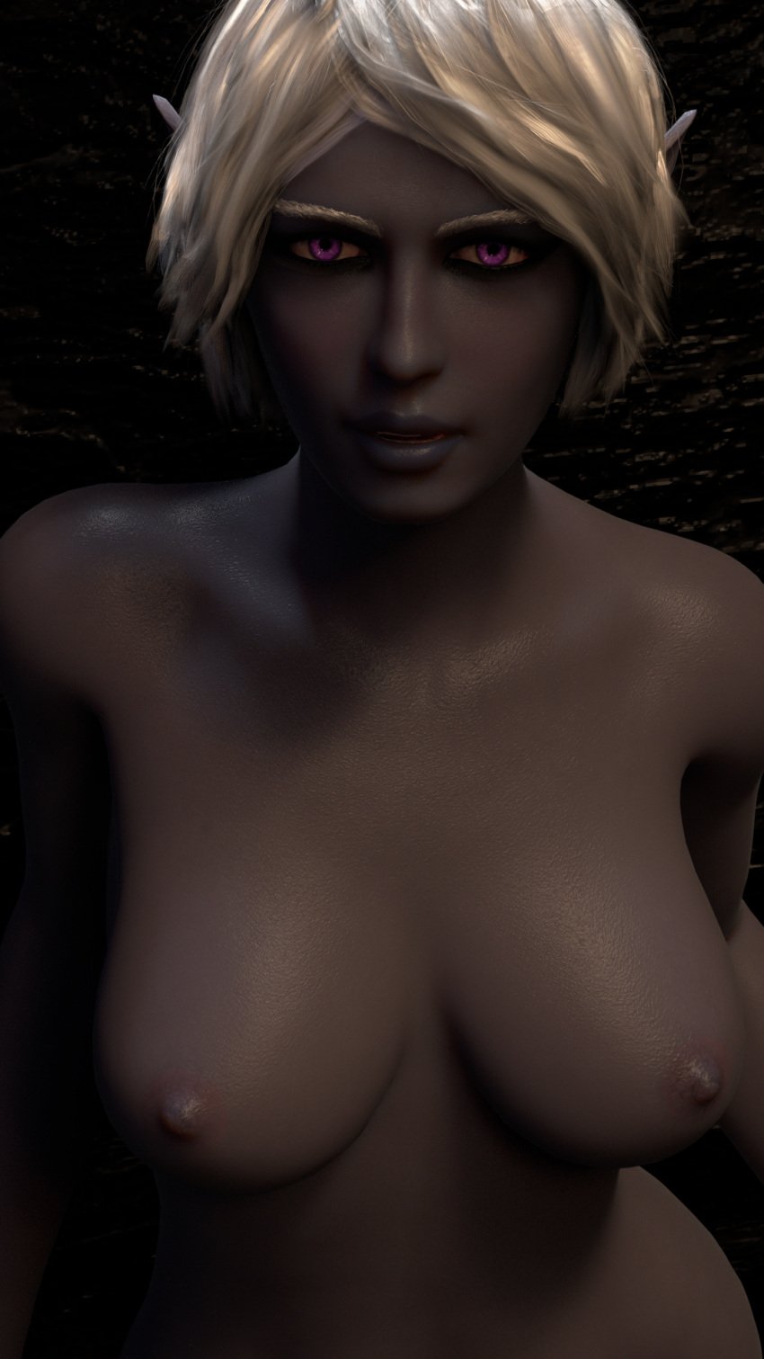 1girls 3d dark_elf dark_skin dark_skinned_female daz_studio drow elf elf_female heebiejeebus original short_hair short_hair_female upper_body white_hair