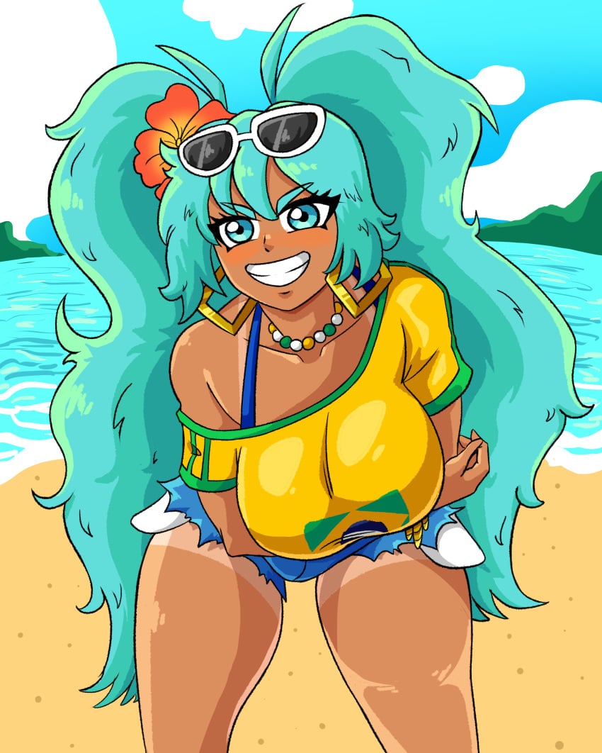 1girls beach big_breasts blue_eyes blue_hair brazil brazilian brazilian_female brazilian_miku breasts hatsune_miku holding_breast huge_breasts jewelry latin_american_hatsune_miku_(meme) solo_female superspacewarrior tan_skin tanlines thick_thighs thighs vocaloid