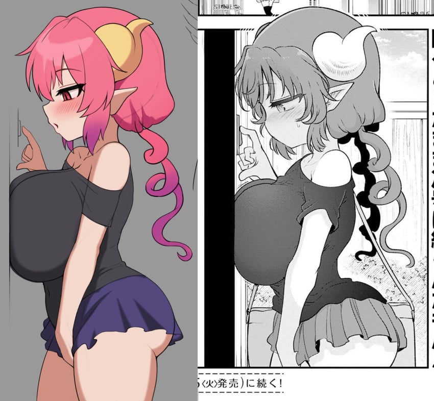 1girls big_ass big_breasts big_butt black_shirt blue_skirt blush blush_lines blushing_female breasts breasts_pressed_against_wall cleavage clothed clothing comparison cool-kyou_shinja door doorbell dragon dragon_girl dragon_horns dragon_humanoid female female_focus female_humanoid female_only gradient_hair gray_background grimgrim hair hand_on_crotch hi_res high_resolution highres horn horns horny horny_female huge_breasts humanoid ilulu ilulu_(dragon_maid) ilulu_(maidragon) kobayashi-san_chi_no_maidragon large_breasts light-skinned light-skinned_female light_skin manga_page miniskirt miss_kobayashi's_dragon_maid multicolored_hair no_visible_genitalia non-human off_shoulder official_alternate_costume official_art open_mouth pink_eyes pink_hair pointy_ears purple_highlights redraw shirt short_skirt short_stack shortstack shoulders skirt slim_waist slit_pupils small_but_busty solo solo_female solo_focus textless thick thick_ass thick_thighs thighs twin_braids twintails upper_body voluptuous voluptuous_female wide_hips wip work_in_progress