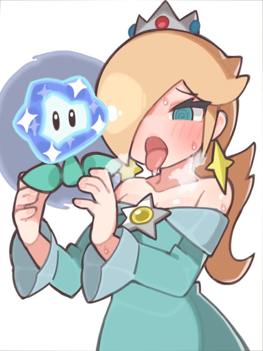 blonde_hair blue_eyes blush female implied_oral mario_(series) princess_rosalina solo spiral_eyes sweat sweelan tongue_out wonder_flower