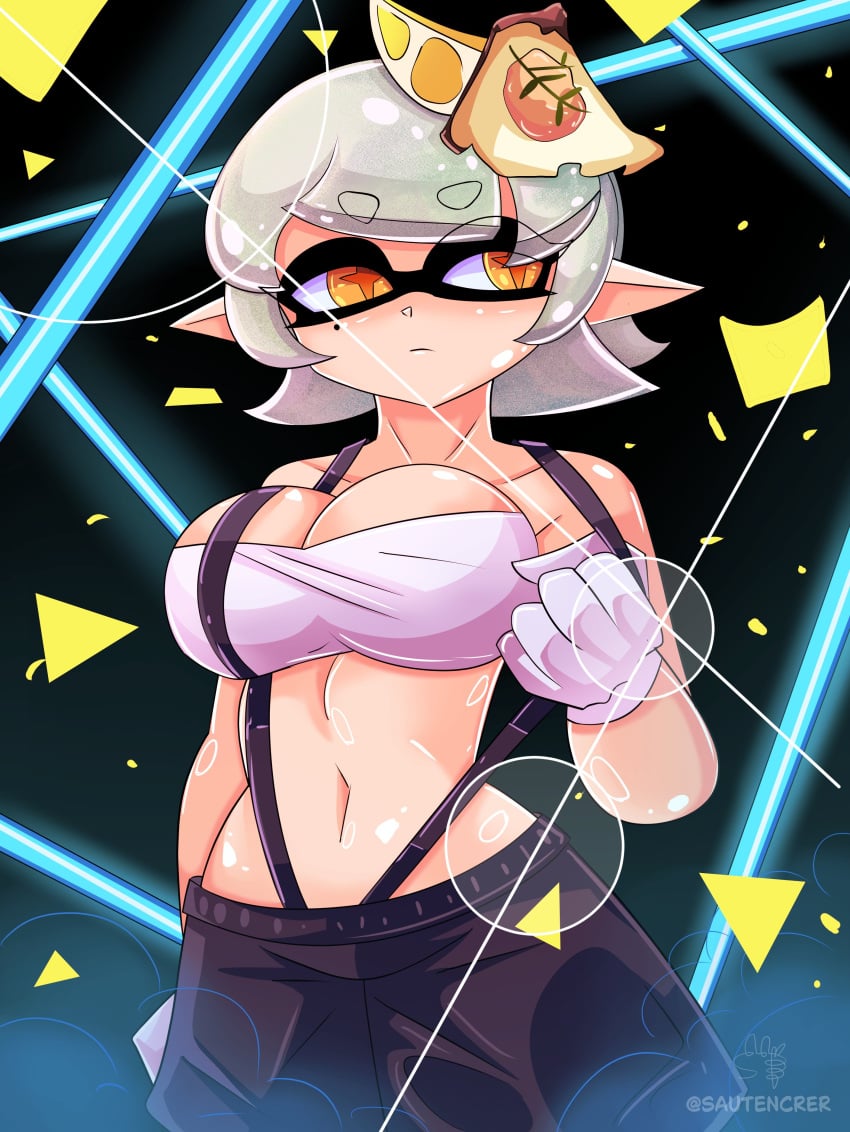 1girls alternate_costume artist_name black_pants black_suspenders breasts cleavage hair hair_ornament inkling inkling_girl marie_(splatoon) marie_(summer_nights) mole mole_under_eye navel official_alternate_costume pointy_ears sautencrer short_hair solo solo_female solo_focus splatfest splatoon splatoon_(series) splatoon_3 summer_nights_splatfest suspenders suspenders_pull tentacle tentacle_hair