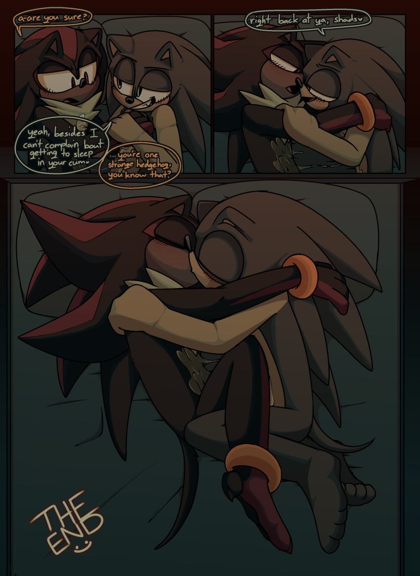 absurd_res after_sex anthro bed bedroom blush bodily_fluids comic cum cum_on_chest cum_on_self dialogue duo eulipotyphlan furniture genital_fluids hedgehog hi_res hug kissing male male/male male_only mammal sega shadow_the_hedgehog sleeping sonadow sonic_(series) sonic_the_hedgehog sonic_the_hedgehog_(series) text tomater