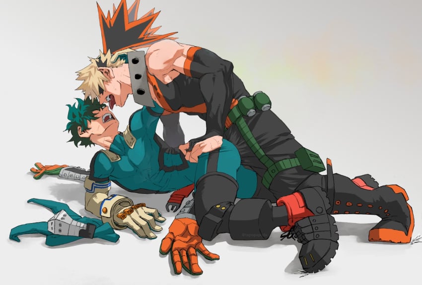 2boys assjob assjob_through_clothes bakugou_katsuki blonde_hair boner boner_in_pants erection_under_clothes erection_under_clothing gay gay_sex green_hair hero_outfit_(mha) izuku_midoriya izuku_midoriya_(hero_outfit) katsuki_bakugou male male/male male_only maledom malesub midoriya_izuku muscular muscular_male my_hero_academia open_mouth pinned_down rubbing_penis_on_ass spiky_hair tongue_out yaoi