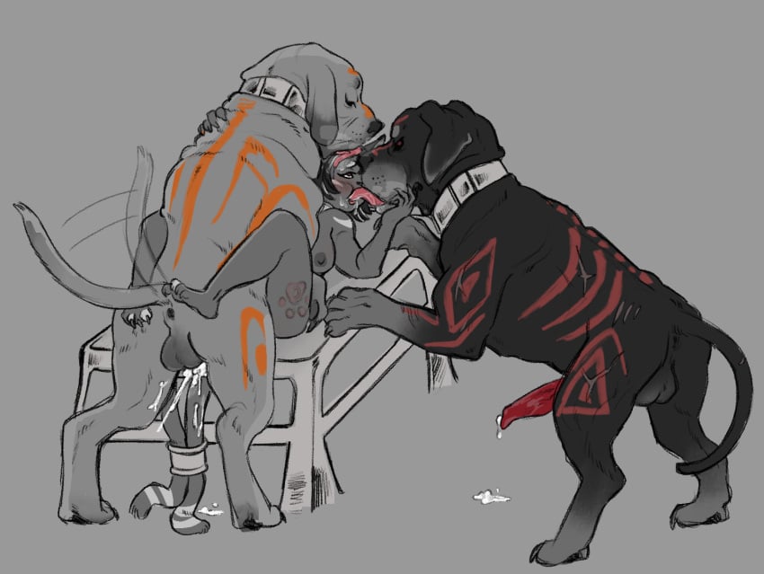 anthro becky_(knightofroses) bloodhound branding cane_corso canid canine canis dirtyhorror domestic_dog felid feline female feral french_kissing group hi_res hunting_dog kissing male male/female mammal mastiff molosser monochrome scent_hound tattoo trio zoophilia