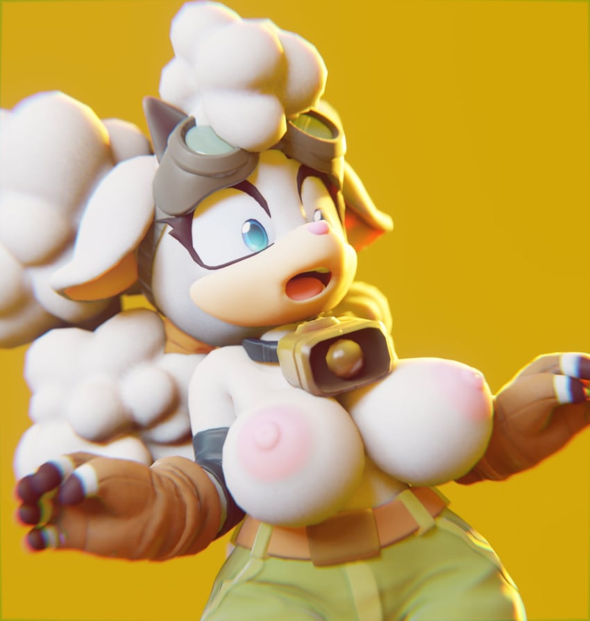 1girls 3d anthro bell blue_eyes breasts chunkerbuns cowbell female female_only fur goggles goggles_on_head idw_publishing lanolin_the_sheep sega sheep_ears sheep_girl sheep_horns sonic_(series) sonic_the_hedgehog_(series) topless white_fur