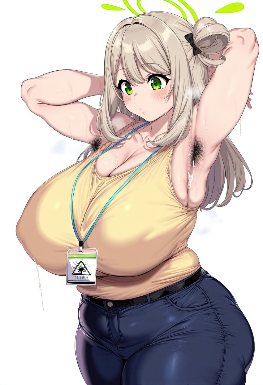 1girls abydos_high_school_student ai_generated areolae areolae_visible_through_clothing big_breasts blonde_hair blue_archive breasts clothing deepjungle female female_focus green_eyes hairy_armpits huge_breasts large_breasts light-skinned_female nai_diffusion nipple_bulge nipples nonomi_(blue_archive) thick_thighs thighs