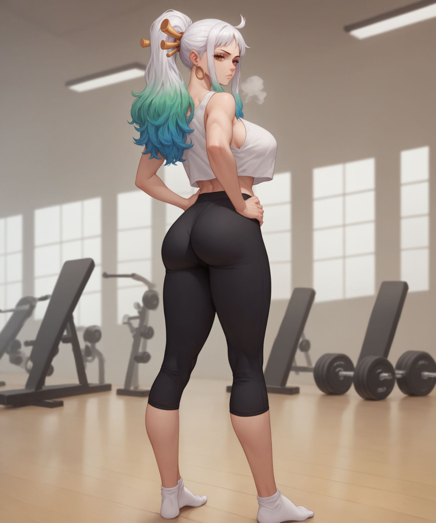 1girls ai_generated ass black_yoga_pants conniexx female female_only gym gym_uniform hands_on_hips large_breasts looking_at_viewer one_piece sports_bra stable_diffusion steam thighs tight_clothing tight_fit white_socks white_sports_bra yamato_(one_piece) yoga_pants