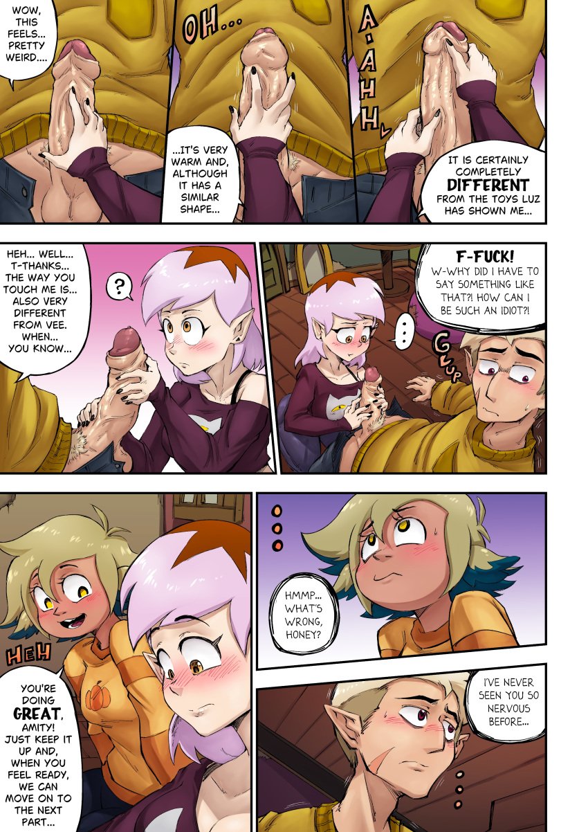 1boy 2girls amity_blight blonde_hair blush cheating cheating_girlfriend comic comic_page dialogue embarrassed english_text fully_clothed fully_clothed_female handjob hunter_(the_owl_house) light-skinned_female light-skinned_male light_purple_hair magenta_eyes page_22 penis penis_out ruddyrzaq text the_amiter_secret the_owl_house vee_(the_owl_house) vee_(the_owl_house)_(human) yellow_eyes