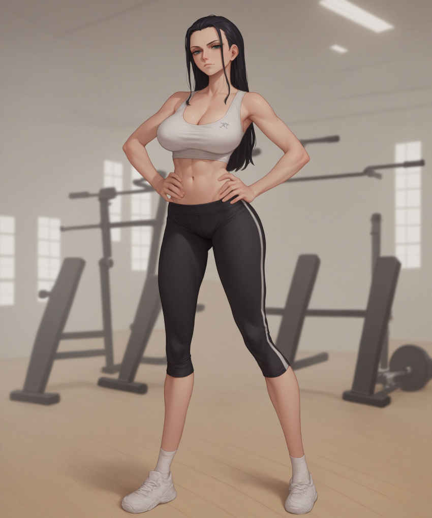 1girls ai_generated ass black_yoga_pants conniexx female female_only gym gym_uniform hands_on_hips large_breasts looking_at_viewer nico_robin one_piece sports_bra stable_diffusion steam thighs tight_clothing tight_fit white_socks white_sports_bra yoga_pants