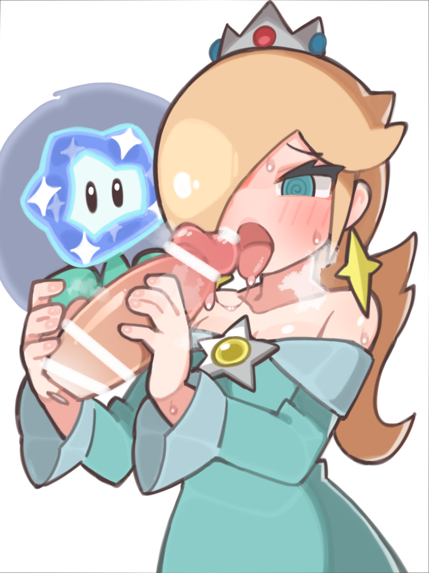 blonde_hair blue_eyes blush fellatio female mario_(series) princess_rosalina spiral_eyes sweat sweelan tongue tongue_out wonder_flower