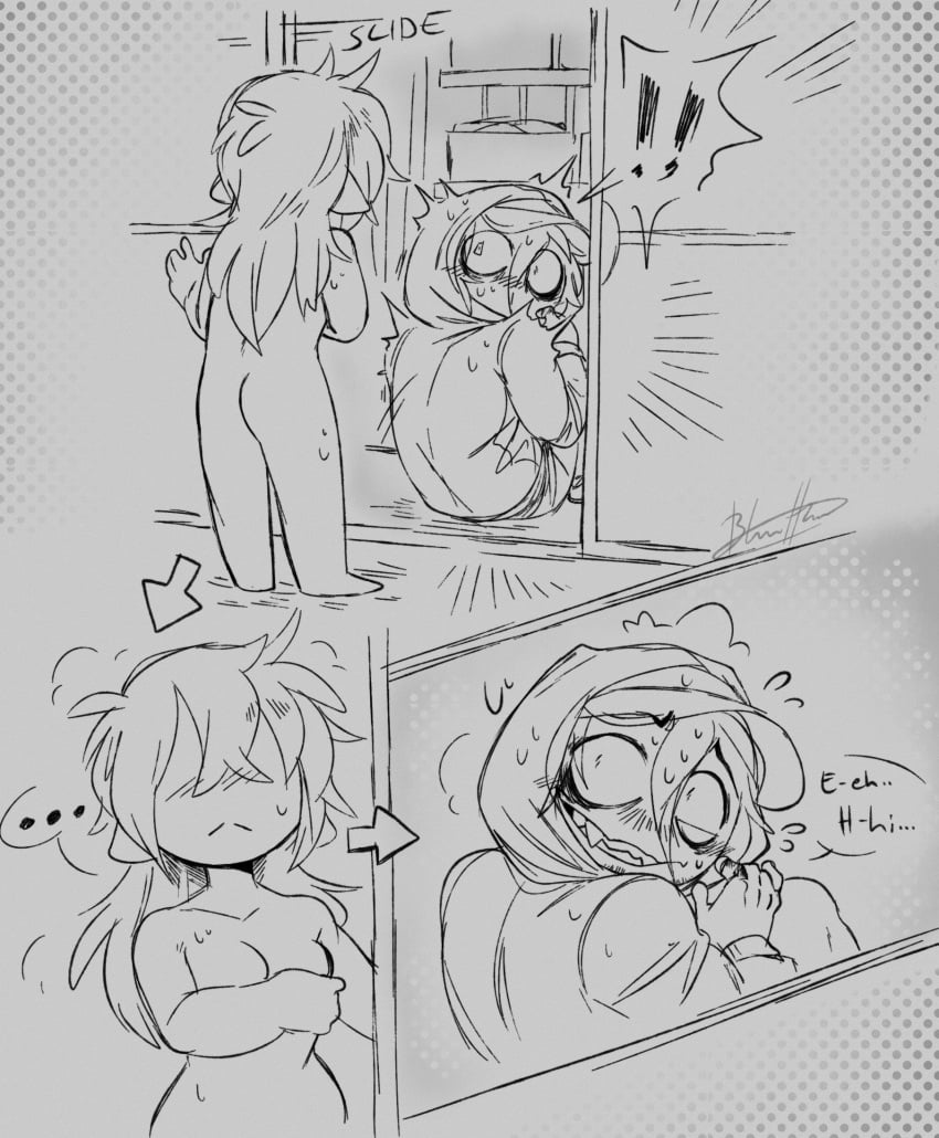 blasticheart_(artist) broken_colors caught caught_in_the_act caught_masturbating chibi closet comic_strip covering_breasts cute damon_(broken_colors) female female/male in_closet male male/female mc_(broken_colors) nervous nude part_2 sexual_tension stalker stalking voyeur voyeurism