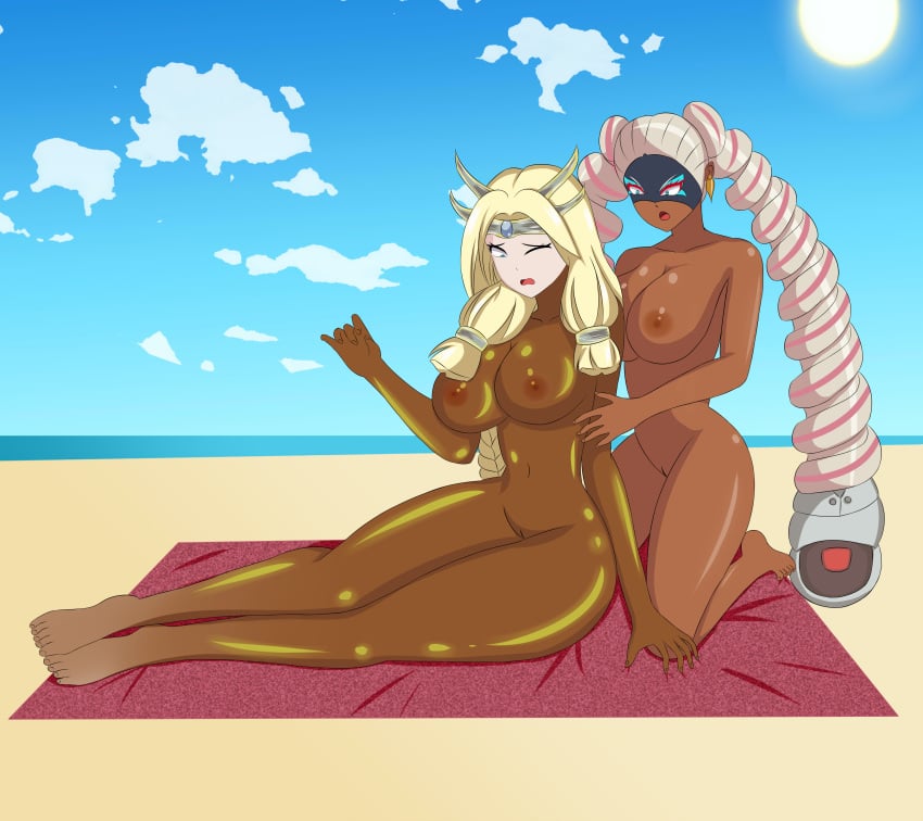 2girls anoneysnufftan applying_sunscreen arms_(game) beach beach_towel blonde_hair blue_eyes breasts dark-skinned_female dark_skin edasbild embarrassed embarrassed_nude_female female female_only freya_(smite) headdress humiliation imminent_death killer_lotion long_hair lotion mask massage murder nintendo nipples norse_mythology nude ocean oil oiled one_eye_closed peril punishment pussy rubbing sand seaside shiny_skin silver_hair sky smite snuff summer sunbathing sunscreen towel twintelle wince wrestling_mask