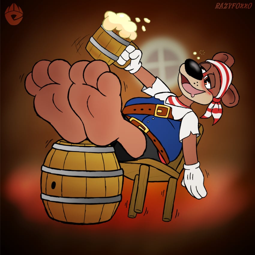 barrel bear brown_body brown_fur drinking drunk feet foot_fetish fur furry gloves hi_res male male_foot_fetish male_only mammal pirate_hat pirate_outfit razyfoxxo solo substance_intoxication toontown_corporate_clash toontown_online