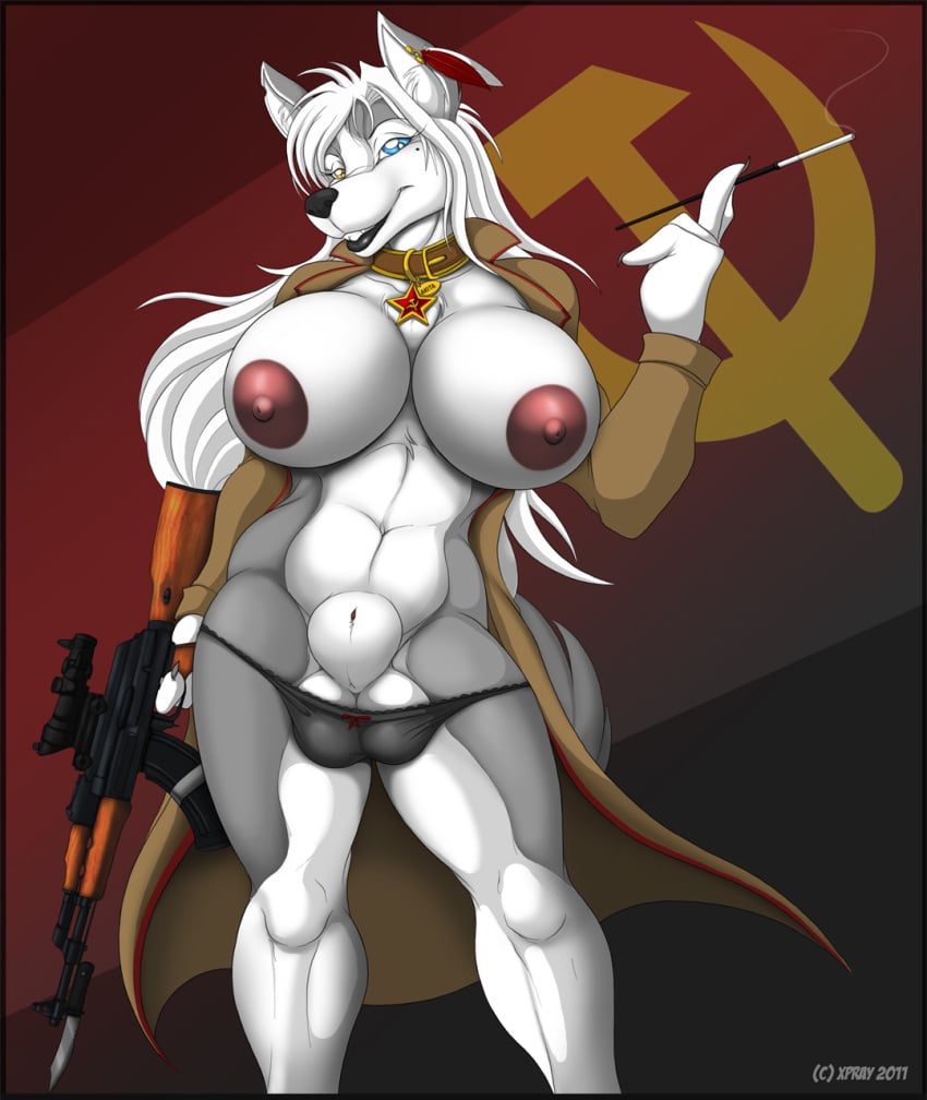 1futa 2011 ak-47 akita_stromfield animal_genitalia anthro areolae ball_bulge balls balls_in_panties bayonet black_lips black_nose blue_eyes breasts canine canine_penis cigarette claws collar color curvy ear_piercing erect_nipples flaccid front_view fully_sheathed fur furry furry_breasts furry_ears furry_tail futa_only futanari grey_fur gun hair hammer_and_sickle heterochromia holding holding_gun huge_breasts husky ineffective_clothing intersex jacket knife large_balls large_penis lips long_hair looking_at_viewer muscular_futanari navel nipples open_clothes panties panty_bulge penis penis_out piercing pointy_ears ranged_weapon rifle sheath smile smoke solo solo_futa standing tail topless underwear weapon white_hair xpray yellow_eyes