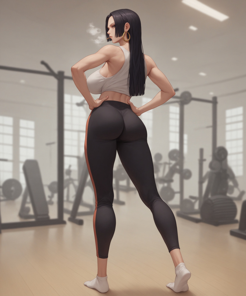 1girls ai_generated ass black_yoga_pants boa_hancock conniexx female female_only gym gym_uniform hands_on_hips large_breasts looking_at_viewer one_piece sports_bra stable_diffusion steam thighs tight_clothing tight_fit white_socks white_sports_bra yoga_pants