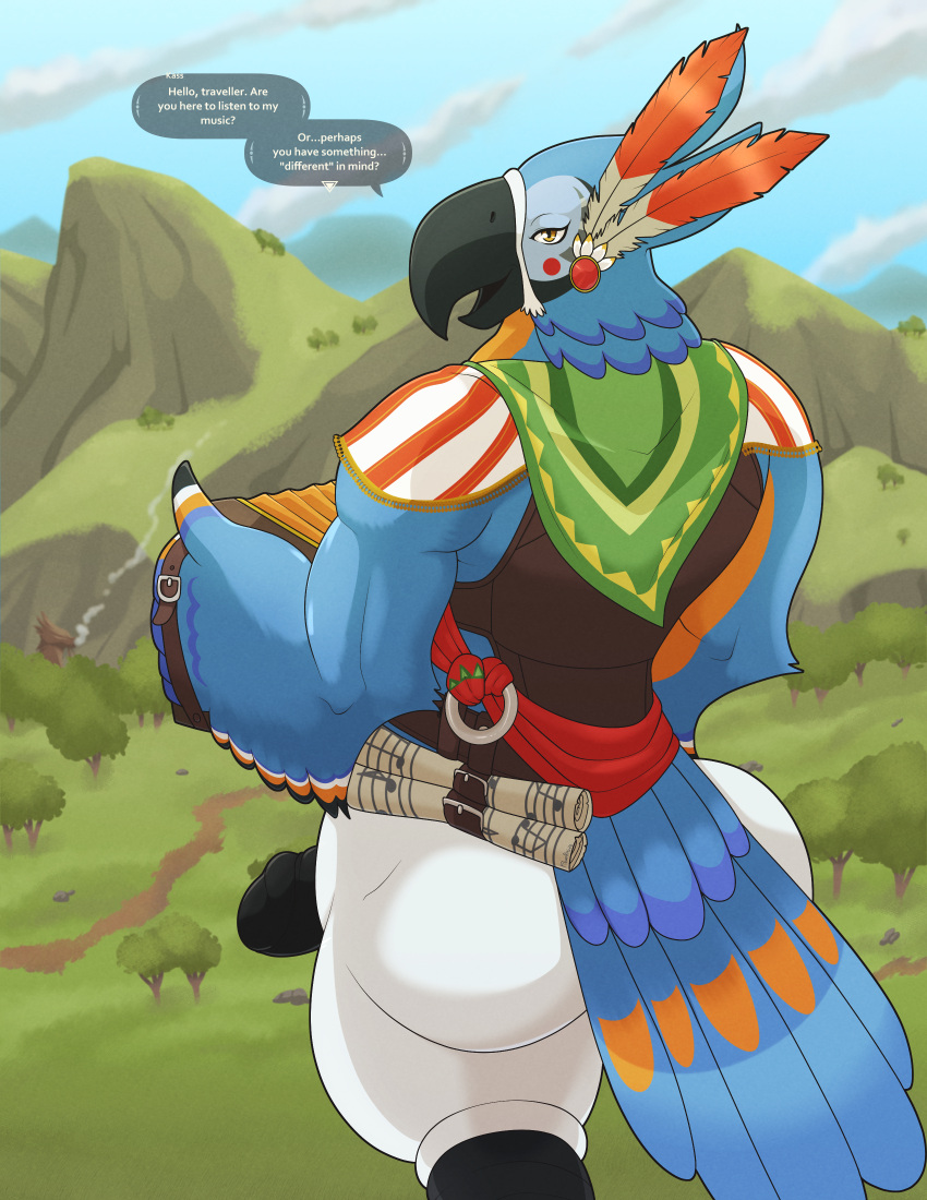 absurd_res alternate_version_at_paywall anthro ass avian bandoneon beak big_butt big_penis blue_body blue_feathers bottomless bottomless_anthro breath_of_the_wild clothed clothing dialogue english_text erection feather_hands feathered_wings feathers genitals hi_res humanoid_genitalia humanoid_penis kass_(tloz) looking_at_viewer looking_back looking_back_at_viewer male male_only multicolored_body multicolored_feathers nintendo orange_body orange_feathers penis pique_raj rear_view rito smile solo speech_bubble tail tail_feathers text the_legend_of_zelda topwear vest white_body white_feathers wings