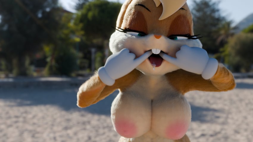 anthro big_breasts fingers_in_mouth lola_bunny looking_at_viewer looney_tunes nude open_mouth space_jam