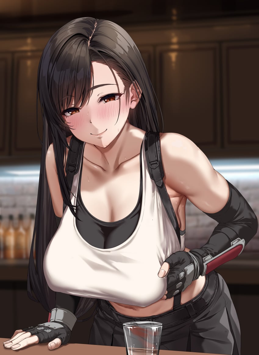 bar_(place) bare_shoulders black_gloves black_hair black_shirt black_undershirt blurry blurry_background blush breast_grab breasts cleavage collarbone cup drinking_glass elbow_gloves final_fantasy final_fantasy_vii final_fantasy_vii_remake fingerless_gloves gloves grabbing_own_breast jack_dempa large_breasts leaning_forward long_hair looking_at_viewer low-tied_long_hair midriff navel no_bra red_eyes skirt smile solo suspenders sweat tank_top tifa_lockhart