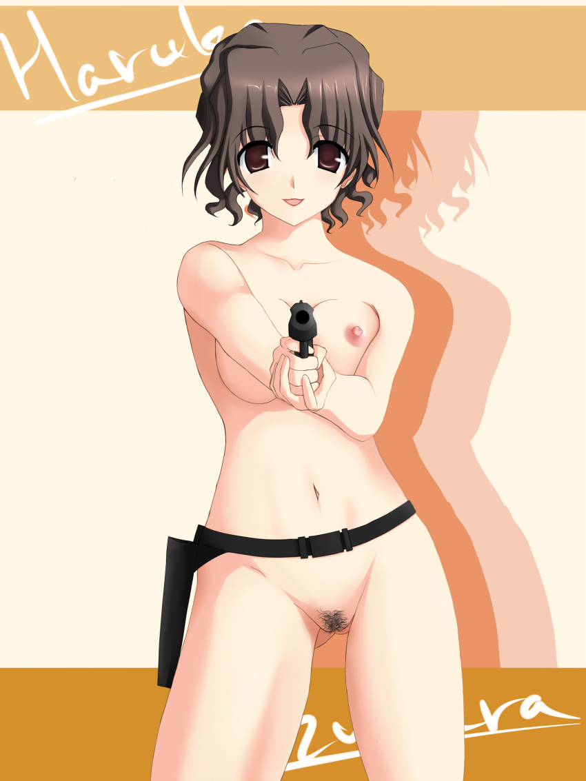 blush breasts brown_hair derivative_work female garter_belt garter_straps gun handgun highres holster medium_breasts milf nude nyo_ho pistol pubic_hair pussy shiny shiny_skin solo thighs to_heart_(series) to_heart_2 uncensored weapon yuzuhara_haruka