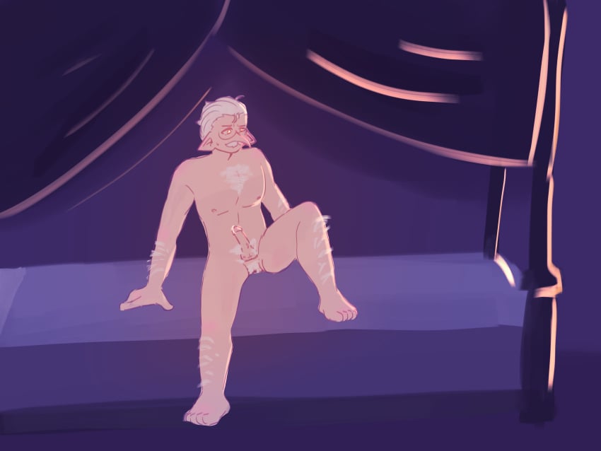 bedroom elf_ears elf_male erection masturbation old_male older_male pulcinella_(genshin_impact) yellow_eyes
