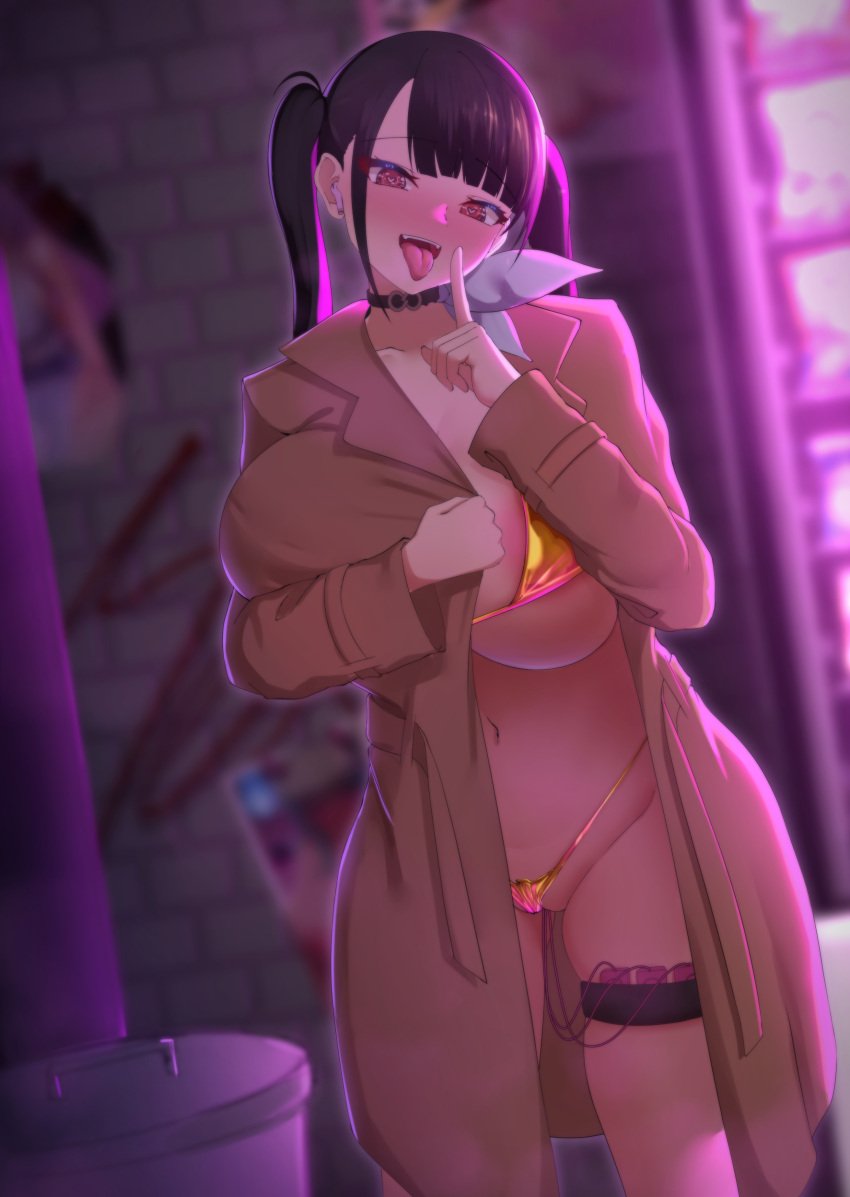 absurdres areola_slip bikini black_choker black_hair breasts choker coat dearonnus egg_vibrator female goddess_of_victory:_nikke gold_bikini highres huge_breasts index_finger_raised micro_bikini open_mouth public_indecency red_eyes sex_toy solo sora_(nikke) swimsuit tongue tongue_out trench_coat twintails vibrator vibrator_cord vibrator_in_thigh_strap
