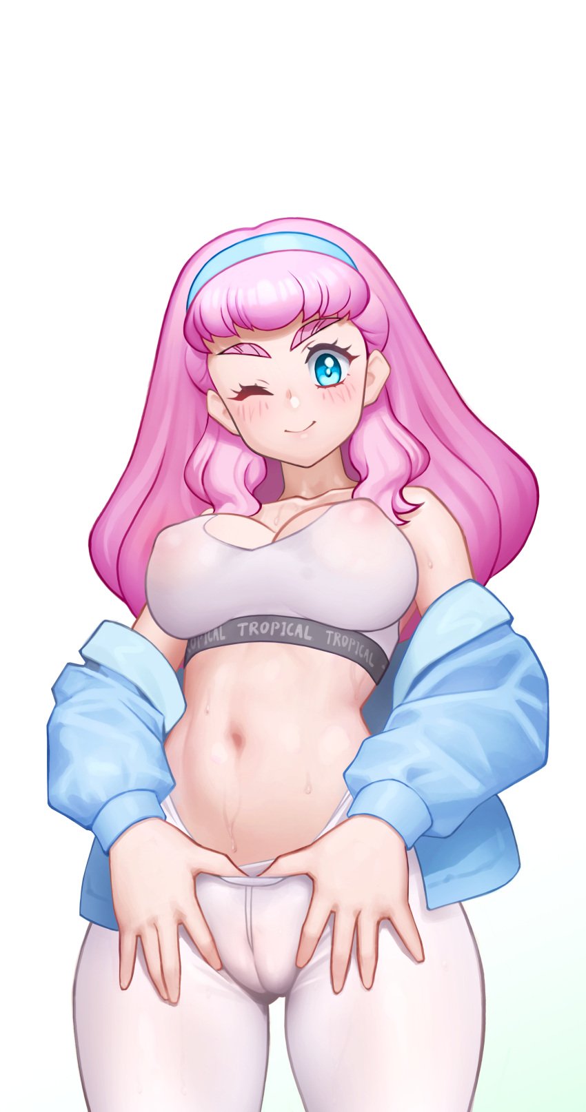 1girls breasts female female_only gym_uniform laura_(precure) laura_apollodoros_hyginus_la_mer laura_la_mer light-skinned_female light_skin long_hair nipples_visible_through_clothing nypdesu pink_hair precure pretty_cure solo toei_animation tropical-rouge!_precure white_background wink