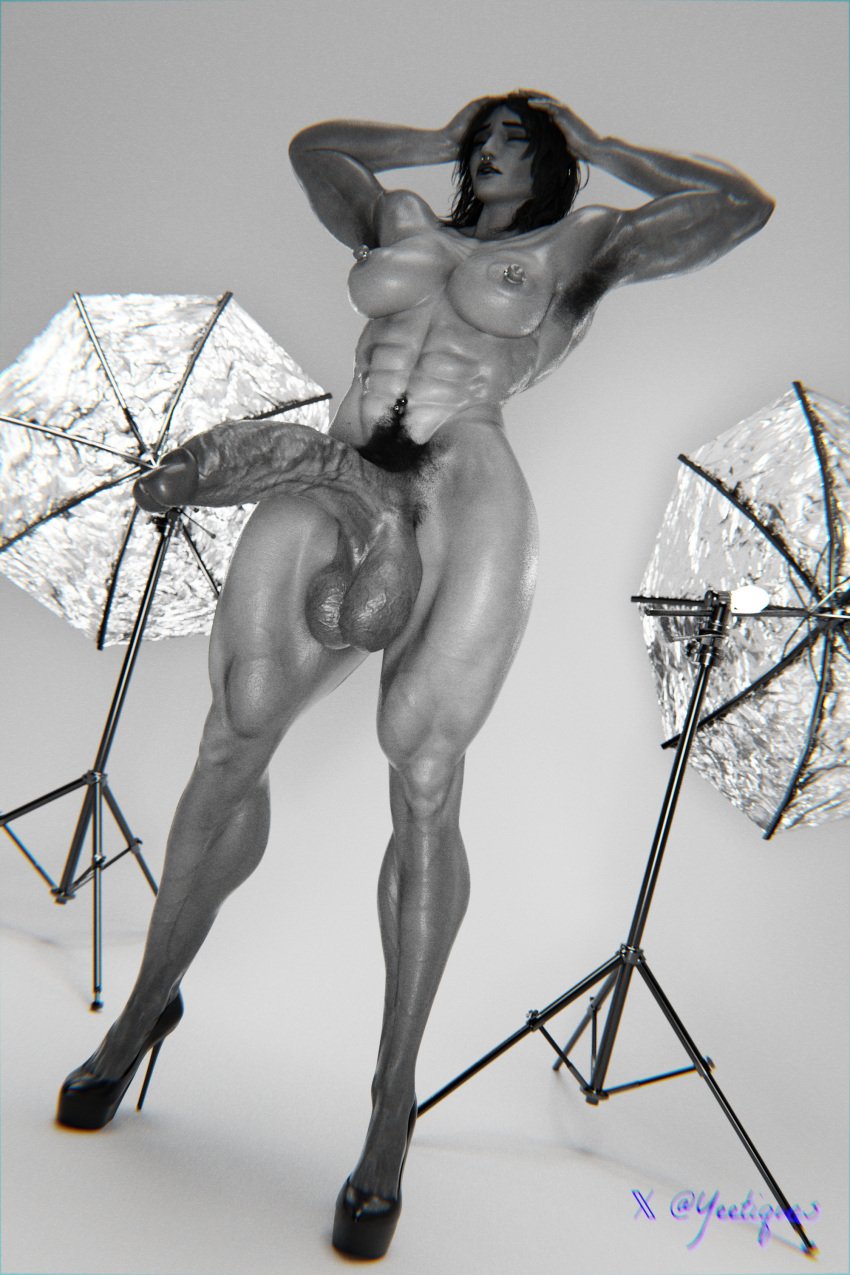 3d armpit_hair big_penis black_and_white closed_eyes fareeha_amari futanari hairy hands_on_head high_heels high_heels_only intersex muscular muscular_futa navel_piercing nipple_piercing overwatch penis pharah photoshoot piercings posing pubic_hair septum_piercing veiny veiny_penis yeetiques