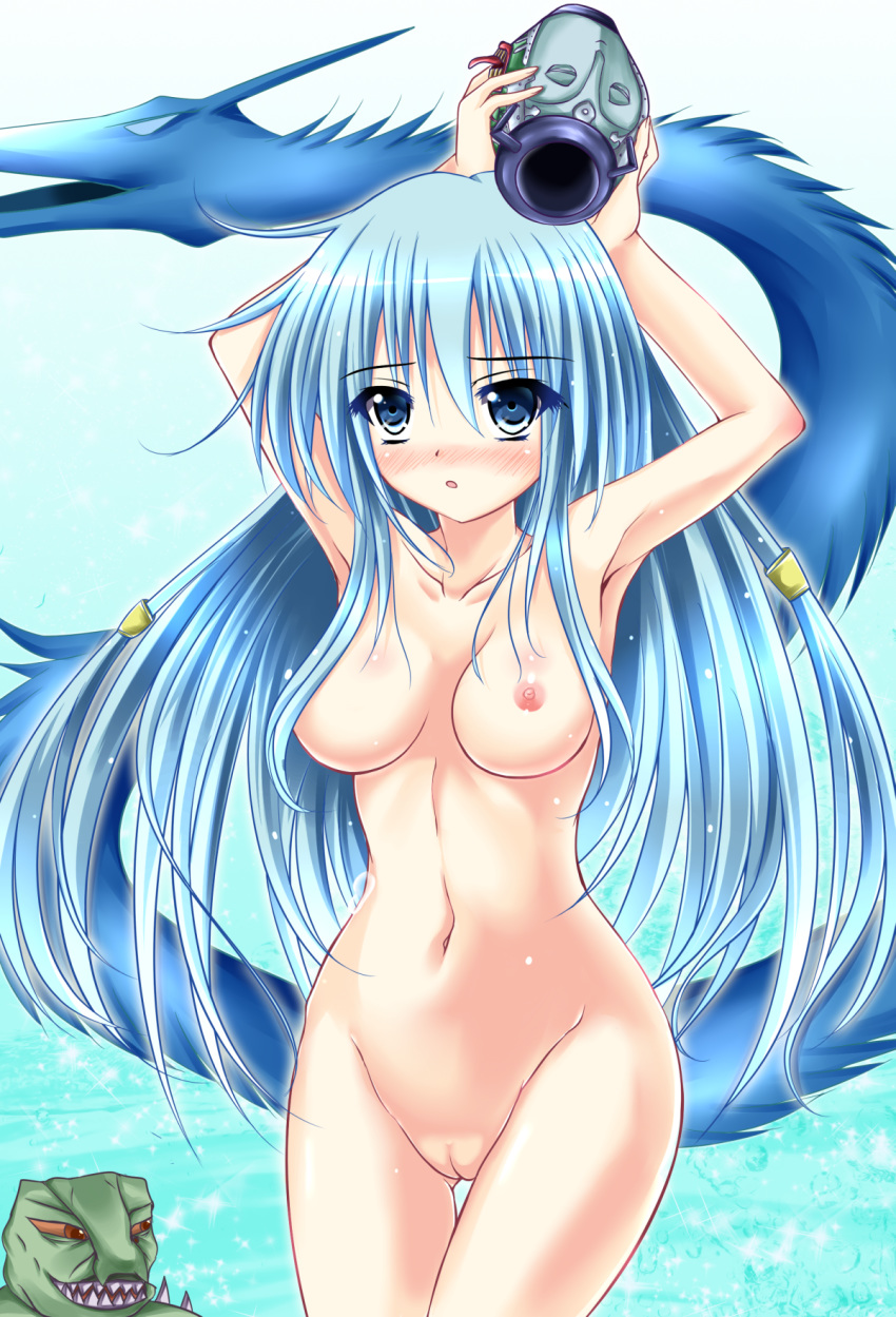 armpits arms_up artist_request blue_eyes blue_hair blush breasts duel_angel duel_monster eria eria_the_water_charmer gigobyte long_hair navel nipple nipples nude pot pot_of_duality pussy uncensored yu-gi-oh!