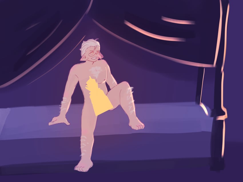 bedroom_eyes censored elf erection genshin_impact male masturbation old_male older_male pulcinella_(genshin_impact) silver_hair yellow_eyes