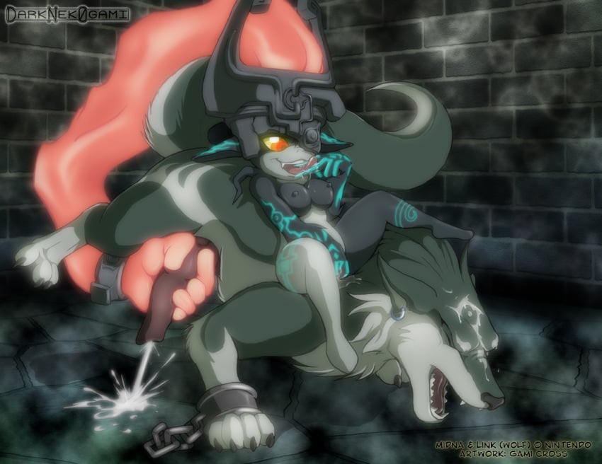 bestiality breasts cum cumming female hair hairjob imp_midna licking_fingers link long_hair male masturbation midna nek0gami nipples shackle the_legend_of_zelda tongue twilight_princess video_games wolf wolf_link