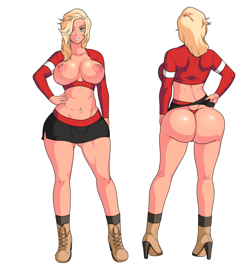 abs ass big_ass blonde_hair blue_eyes boots breasts dat_ass female female_only hair_over_one_eye high_heel_boots high_heels huge_ass jay-marvel kayla_sparks_(jay-marvel) large_ass large_breasts microskirt no_bra piercings sex-ed_(tabrin) simple_background skirt skirt_lift thong