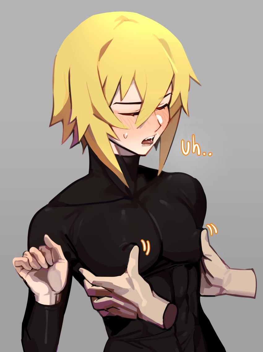 2boys abs androgynous aroused blazblue blonde_hair blushing closed_eyes feminine galadysp jin_kisaragi muscles muscles_through_clothes nipple_play open_mouth playing_with_nipple sweatdrop text tight_clothing yaoi