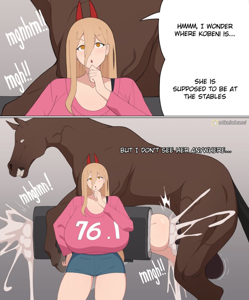 1animal 2girls ambiguous_penetration bestiality breeding_mount breeding_mount_with_someone_inside chainsaw_man colored comic cum female female_penetrated feral_penetrating feral_penetrating_female feral_penetrating_human higashiyama_kobeni horse kobeni_higashiyama male_penetrating male_penetrating_female notkadraw power_(chainsaw_man) text text_bubble zoophilia