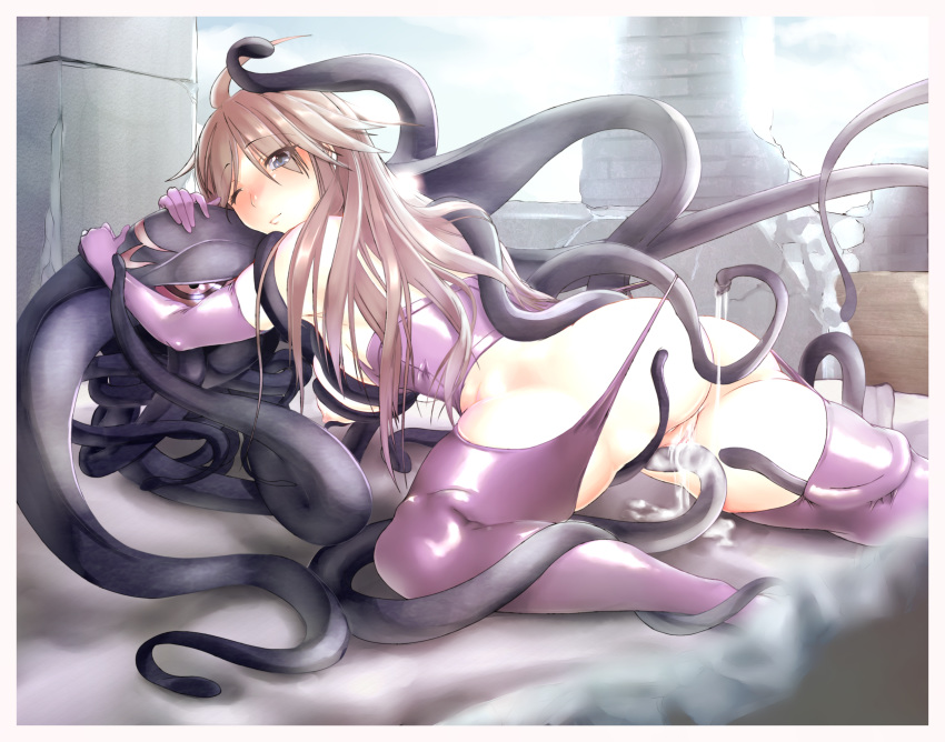 again blush brown_hair consensual_tentacles female funikura highres nyx_(queen's_blade) queen's_blade tentacle wink