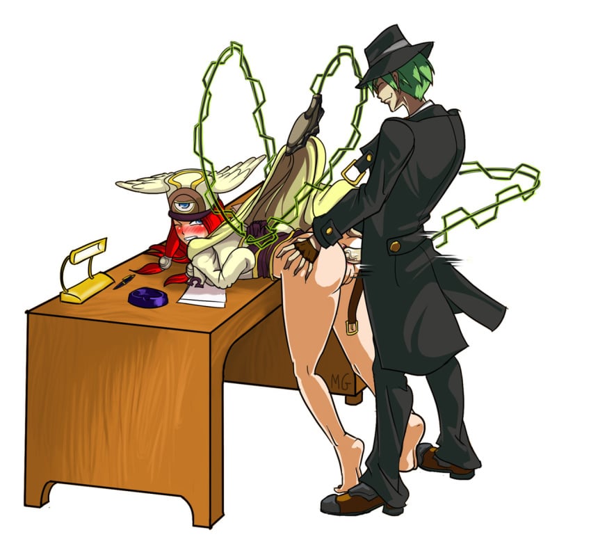 1boy 1girls anal arms_behind_back ass ass_grab barefoot bent_over bent_over_desk blazblue blue_eyes blush bondage bottomless deep_skin desk doggy_style female from_behind_position gloves green_hair hair_tubes hat hazama helpless highres long_hair mario-grant ouroboros penis pussy rape red_hair restrained sex standing_sex tiptoes tsubaki_yayoi wince winged_hat