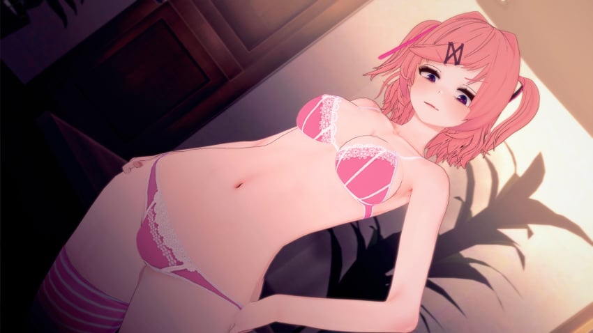 bra doki_doki_literature_club lace_trim lingerie looking_at_viewer mashirosolera natsuki_(doki_doki_literature_club) panties pink_hair small_breasts