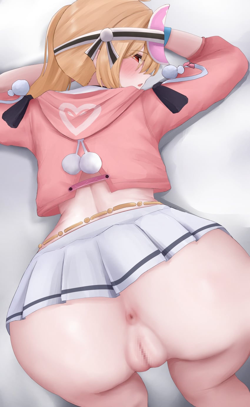1girl absurdres anus ass ass_focus bikini blonde_hair blush censored commentary english_commentary from_above from_behind highres hood hoodie izumiillus jacket long_hair long_sleeves looking_at_viewer looking_back luciana_de_montefio luciana_de_montefio_(princess_on_holiday) lying mosaic_censoring official_alternate_costume pink_hoodie pink_jacket pink_visor_cap pleated_skirt pussy red_eyes simple_background skirt solo swimsuit top-down_bottom-up visor_cap white_background white_bikini white_skirt wristband zenless_zone_zero