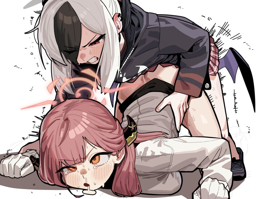 2girls absurdres aru_(blue_archive) black_hair black_hoodie black_shoes blue_archive bottomless breasts clenched_teeth clothed_sex commentary_request demon_horns doggystyle drooling futa_with_female futanari gloves halo highres hood hoodie horns kayoko_(blue_archive) korean_commentary large_breasts long_sleeves multicolored_hair multiple_girls open_mouth pink_hair pink_halo red_eyes ruppu sex sex_from_behind shirt shoes simple_background single_wing tearing_up teeth top-down_bottom-up two-tone_hair white_background white_gloves white_hair white_shirt wings yellow_eyes