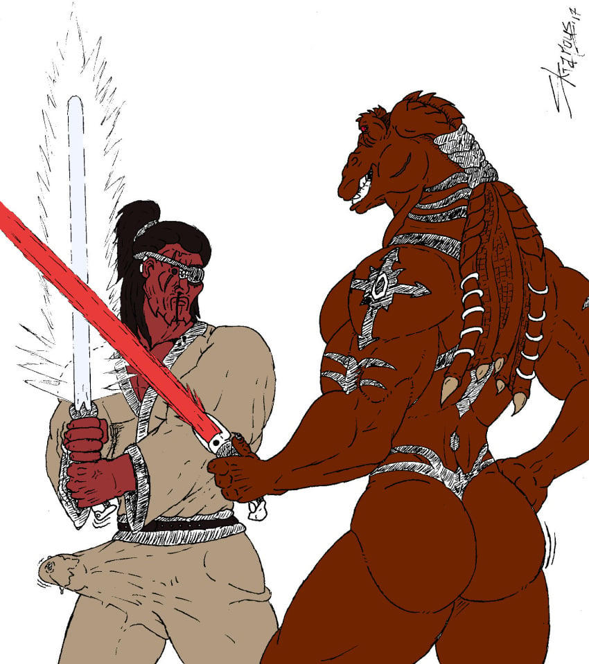 alien ass bulge clothed clothing duo erection erection_under_clothing eye_patch eyewear fight_boner gay genital_outline gungan hi_res jar_jar_binks lightsaber male male/male male_only melee_weapon nude penis_outline simple_background sith_(species) skianous star_wars tenting weapon white_background