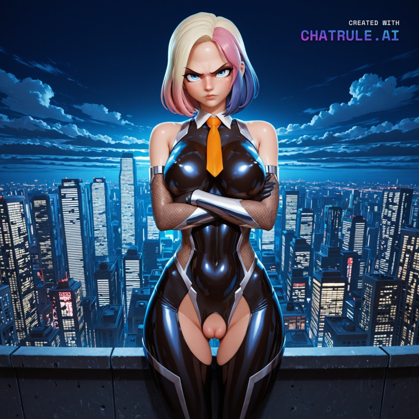 1girl 3d ai_assisted ai_generated angry armor arms_crossed bare_shoulders black_bodysuit blender blonde blue_eyes city cityscape clouds cowboy_shot crotchless curvy dark_theme detailed_pussy dynamic_lighting elbow_gloves enid_sinclair fishnets formal gloves high_contrast kagami_hirotaka koukawa_oboro looking_at_viewer multicolored_hair necktie neon_lights night night_sky outdoors school_uniform skirt soft_shading taimanin_asagi_zero taimanin_suit thigh_gap visible_pussy