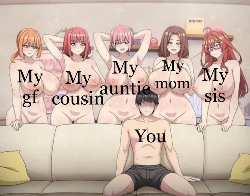 1boy 2d 5girls aunt auntie big_ass big_boobs big_breasts breasts brunette brunette_female bully clothed_male_nude_female couch couch_sitting cousin cucked_by_bully cuckold cuckson english_text female gf hourglass_figure hourglass_figured_female human human_only imminent_reverse_gangbang imminent_sex large_breasts light-skinned_female light-skinned_male light_skin male male/female mommy nipples nude nude_female nude_female_clothed_male pink-haired_female pink_hair piper_perri_surrounded pussy redhead redhead_female shaved_pussy sisters sitting standing you younger_male