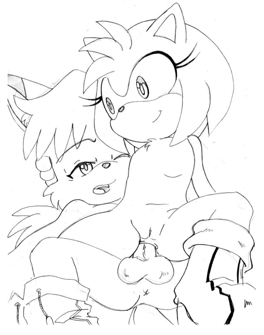 amy_rose anal anal_sex anthro anus balls black_and_white blush canine female fox fur furry hedgehog male monochrome nude one_closed_eyes penetration penis plain_background pussy randomguy999 sega sex sketch smile sonic_(series) straight tails white_background