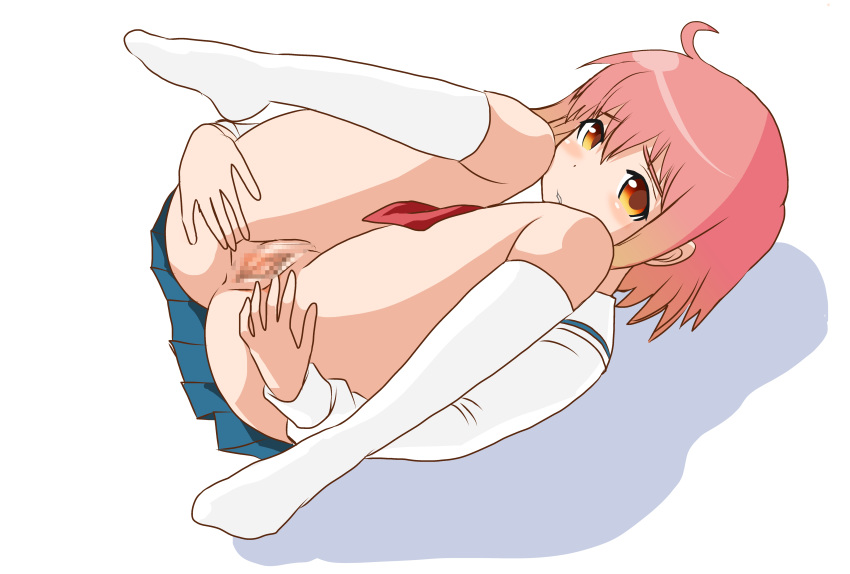 blush censored clothing kotoura-san kotoura_haruka lying orange_eyes orange_hair school_uniform skirt spread_pussy