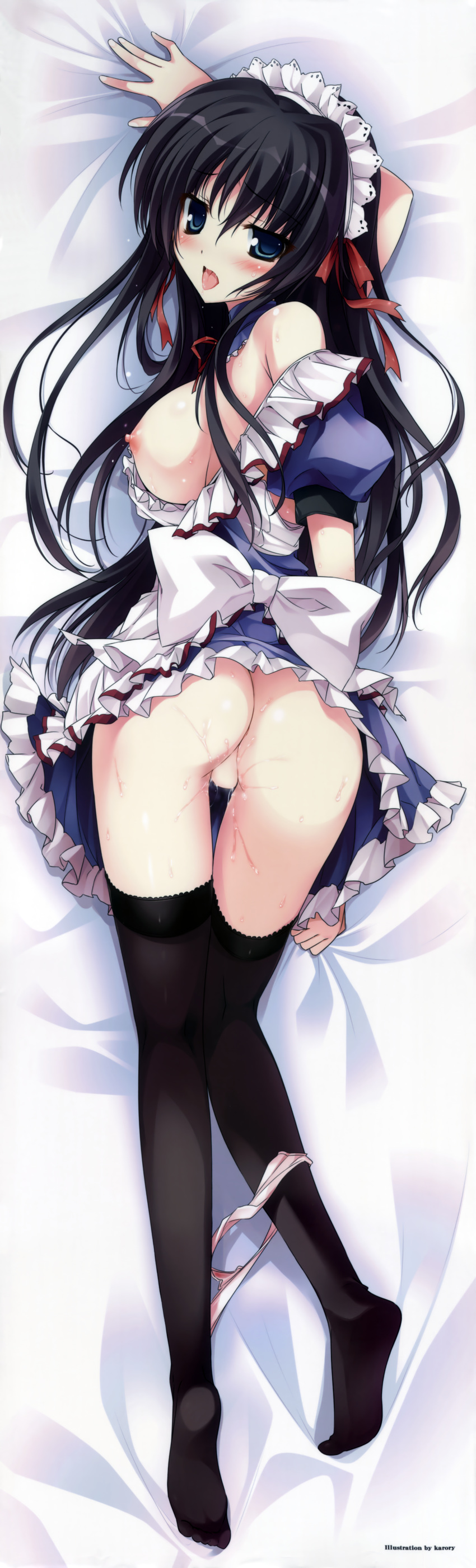 1girls apron arm_up ass bed_sheet black_hair black_legwear blue_eyes blush breasts curvy dakimakura detached_collar dress_pull erect_nipples female female_only high_resolution karory large_ass large_breasts maid maid_headdress nipples no_pussy on_side open_mouth panties panties_around_leg panty_pull pink_panties pussy_juice pussy_juice_trail sheet_grab skirt skirt_lift thighhighs tongue tongue_out underwear