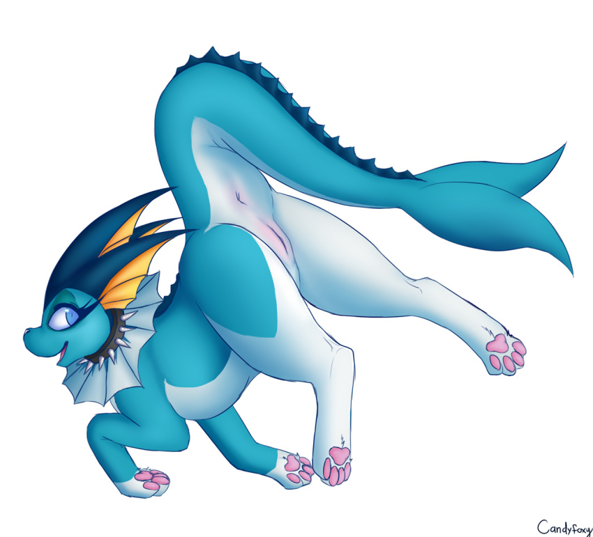 2015 anus ass blue_eyes blue_skin candyfoxy collar female fin genital_slit looking_back nintendo open_mouth plain_background pokémon_(species) pokemon pussy raised_tail slit smile solo spiked_collar tongue vaporeon video_games white_background white_skin